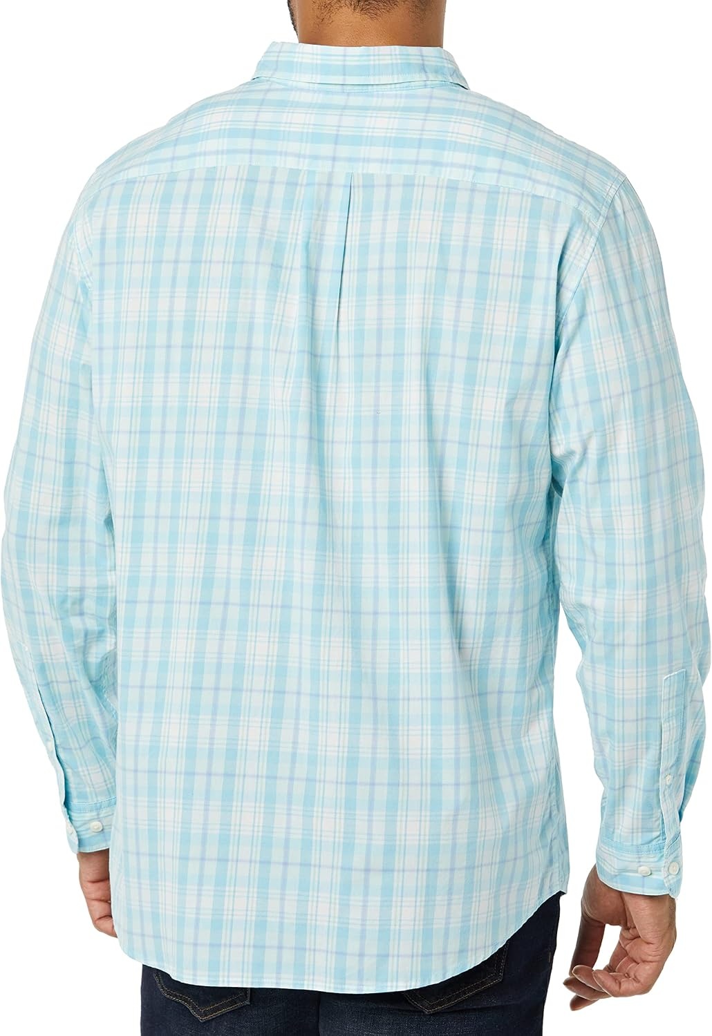 image:imageAmazon Essentials Mens LongSleeve RegularFit Stretch Poplin ShirtLight BlueWhite Plaid