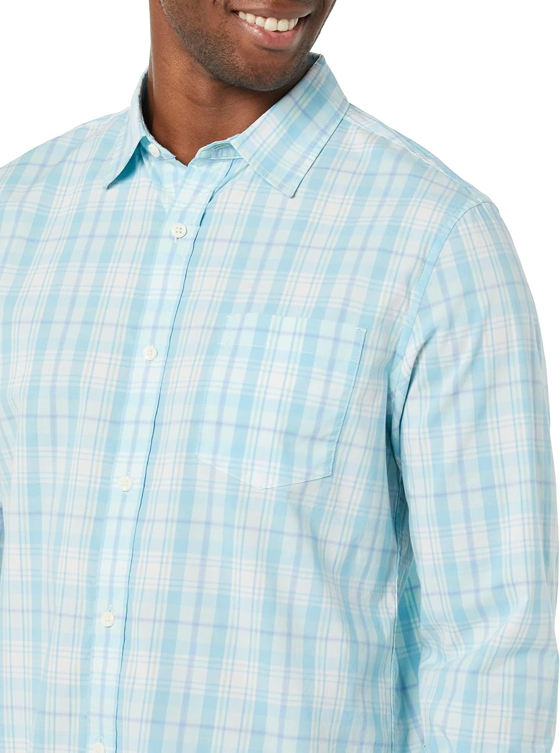 image:imageAmazon Essentials Mens LongSleeve RegularFit Stretch Poplin ShirtLight BlueWhite Plaid