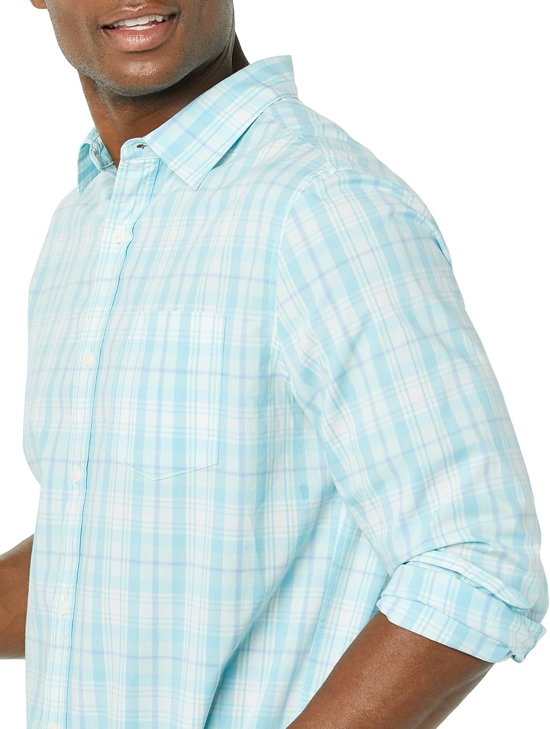 image:imageAmazon Essentials Mens LongSleeve RegularFit Stretch Poplin ShirtLight BlueWhite Plaid