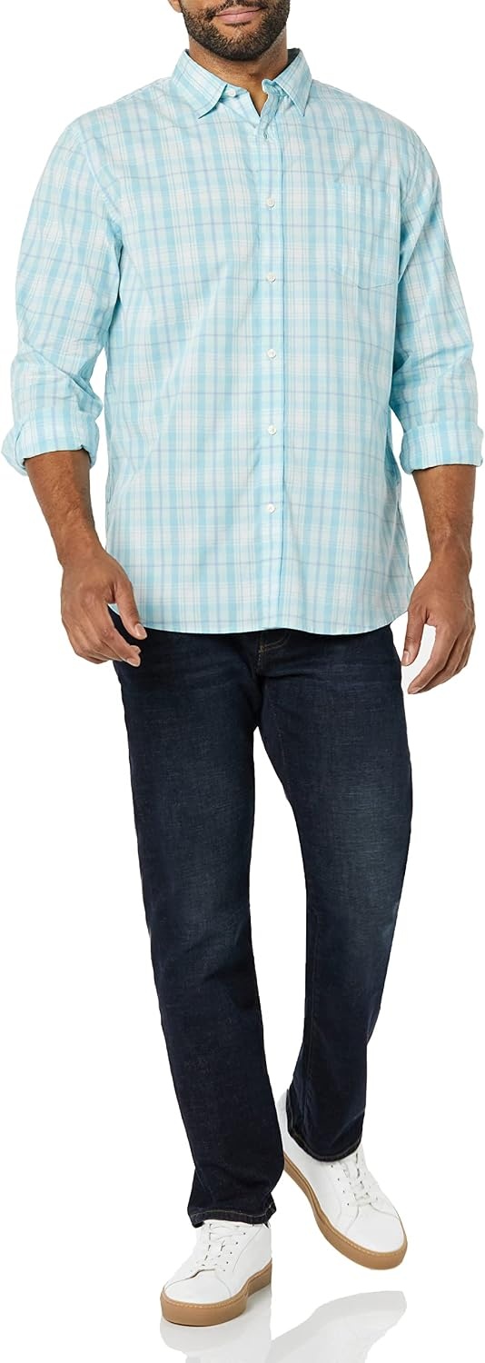 image:imageAmazon Essentials Mens LongSleeve RegularFit Stretch Poplin ShirtLight BlueWhite Plaid