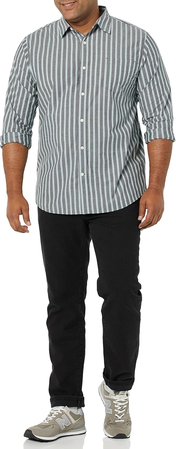 image:imageAmazon Essentials Mens LongSleeve RegularFit Stretch Poplin ShirtNavy Awning Stripe