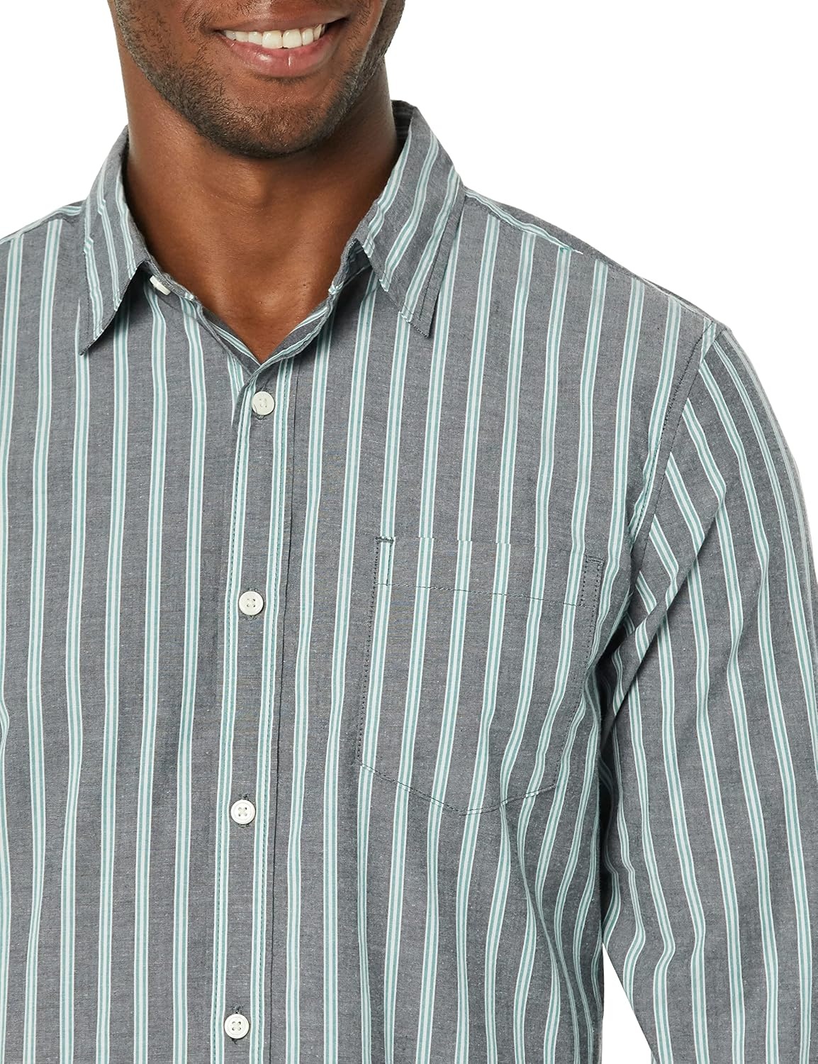 image:imageAmazon Essentials Mens LongSleeve RegularFit Stretch Poplin ShirtNavy Awning Stripe