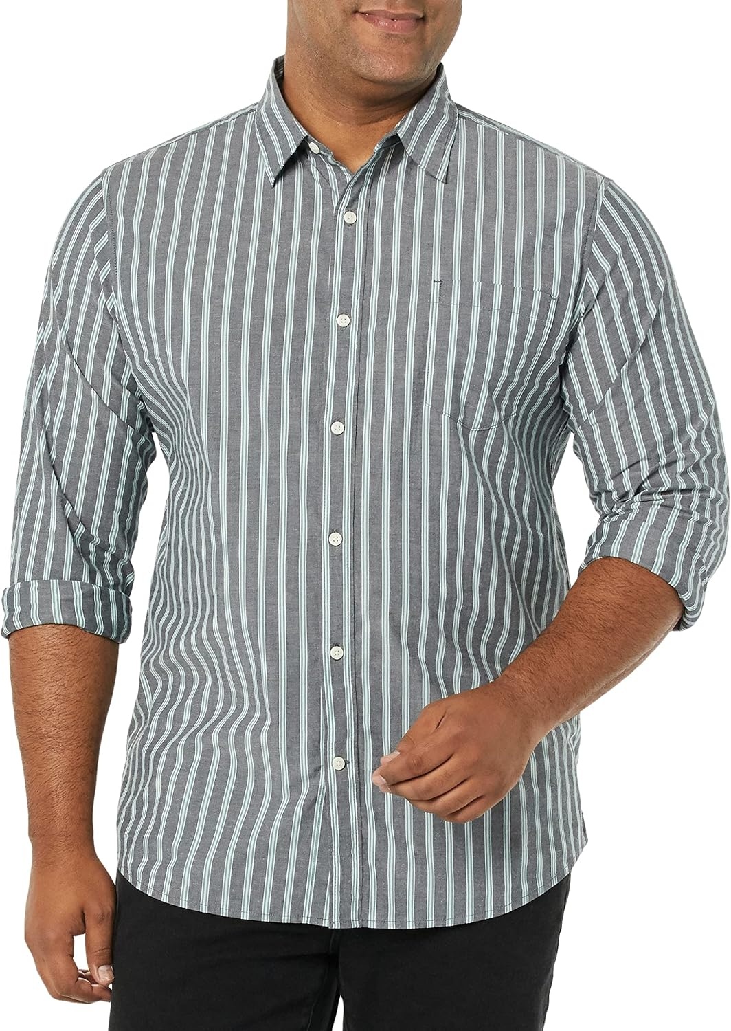 image:imageAmazon Essentials Mens LongSleeve RegularFit Stretch Poplin ShirtNavy Awning Stripe