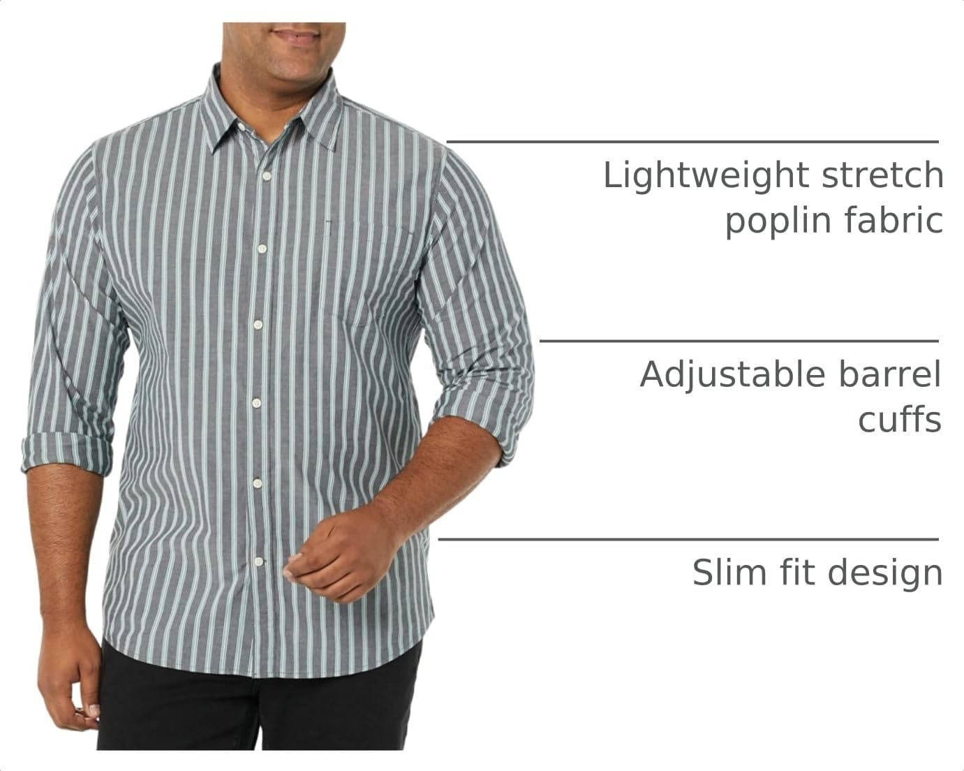 image:imageAmazon Essentials Mens LongSleeve RegularFit Stretch Poplin ShirtNavy Awning Stripe
