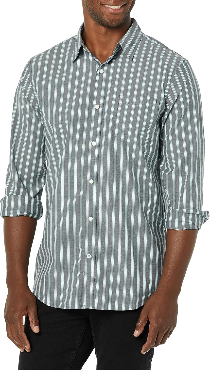 image:imageAmazon Essentials Mens LongSleeve RegularFit Stretch Poplin ShirtNavy Awning Stripe