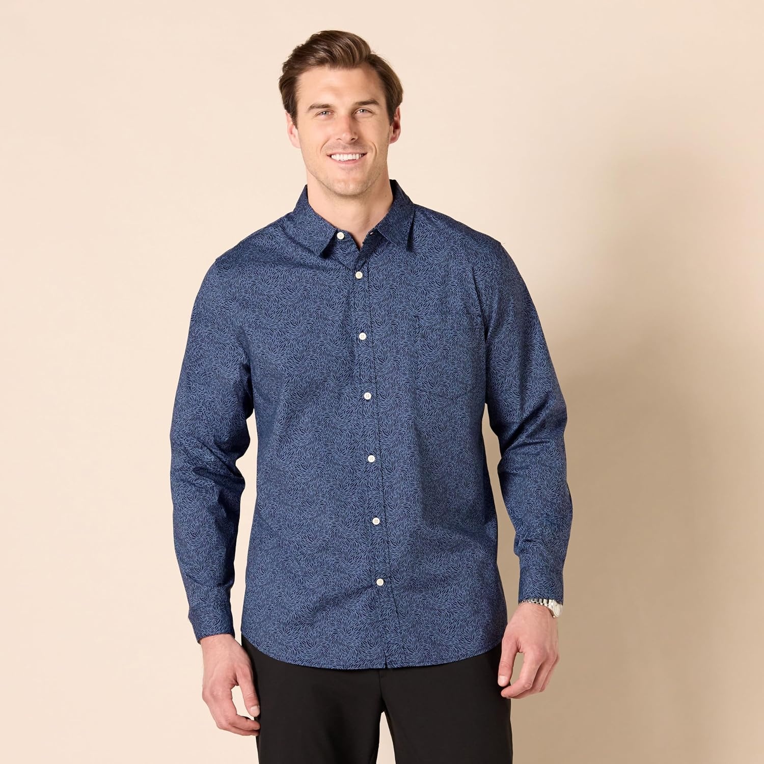 image:imageAmazon Essentials Mens LongSleeve RegularFit Stretch Poplin ShirtNavy Tonal Floral Print
