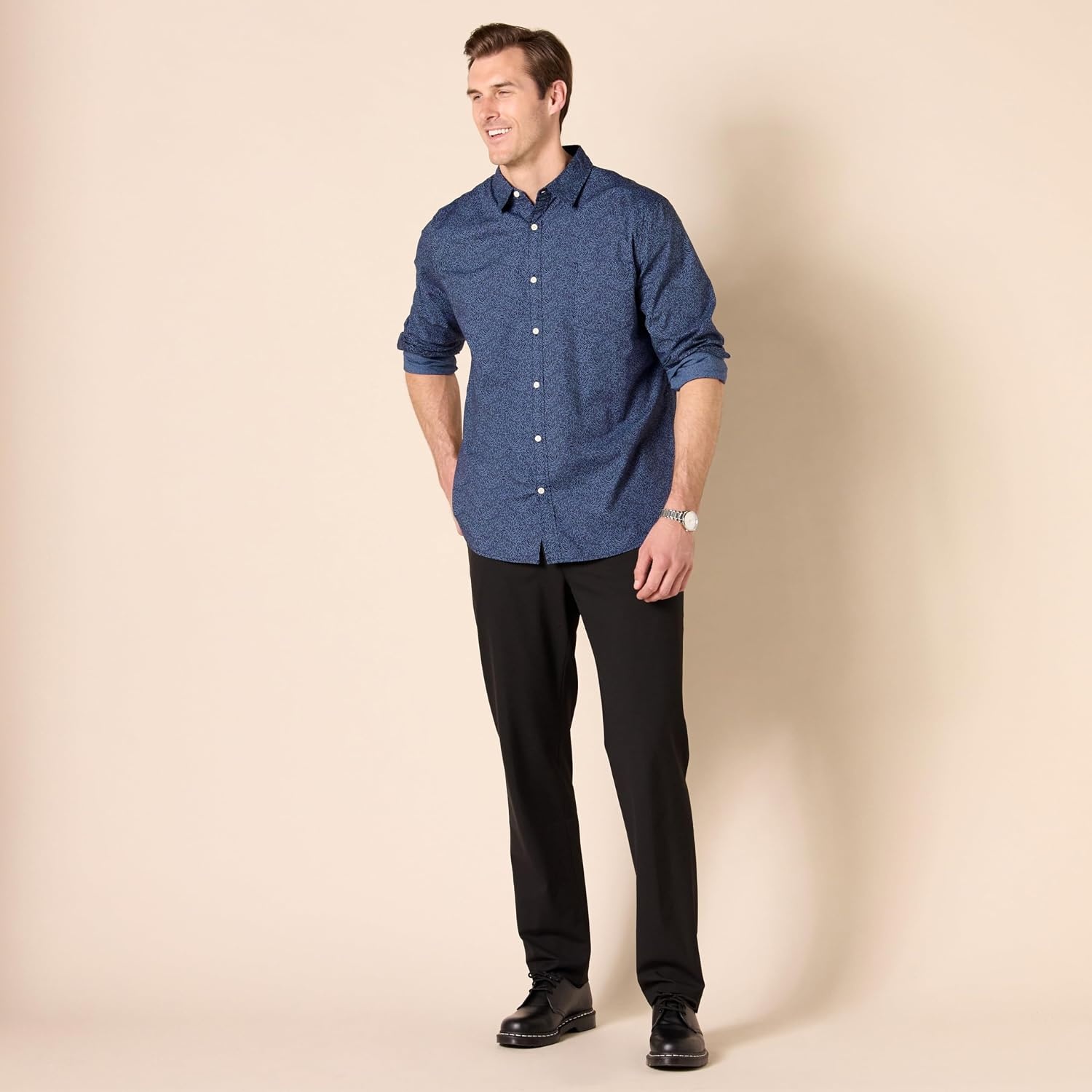 image:imageAmazon Essentials Mens LongSleeve RegularFit Stretch Poplin ShirtNavy Tonal Floral Print