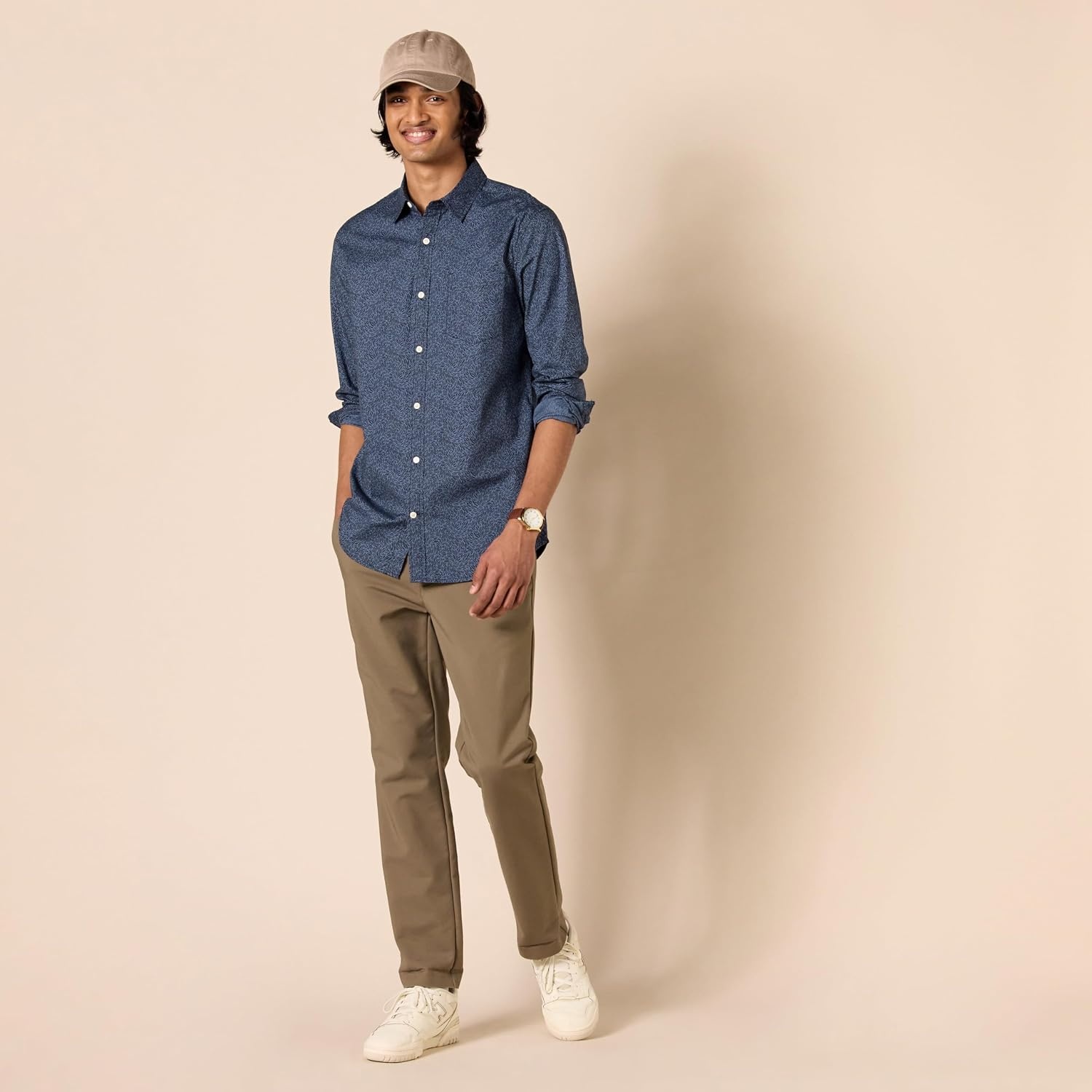 image:imageAmazon Essentials Mens LongSleeve RegularFit Stretch Poplin ShirtNavy Tonal Floral Print