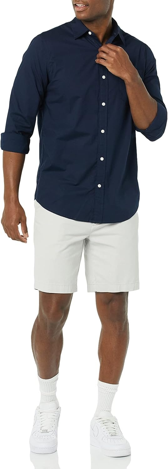 image:imageAmazon Essentials Mens LongSleeve RegularFit Stretch Poplin ShirtNavy
