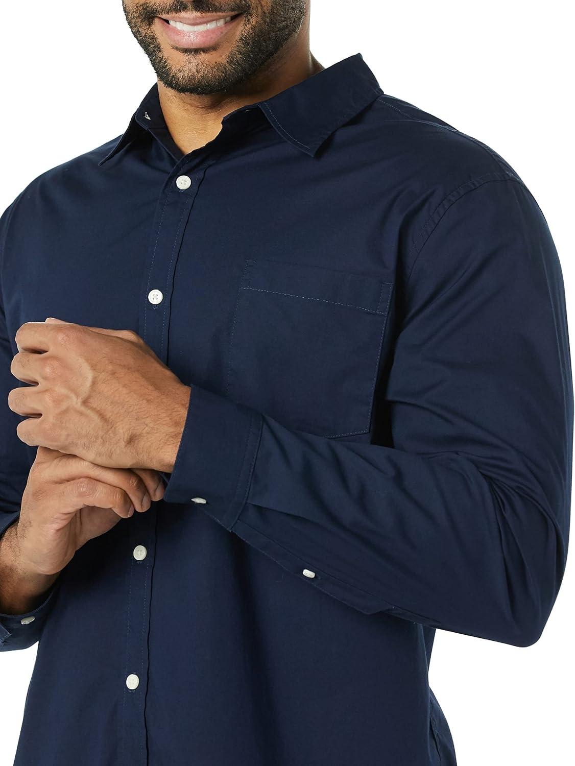 image:imageAmazon Essentials Mens LongSleeve RegularFit Stretch Poplin ShirtNavy