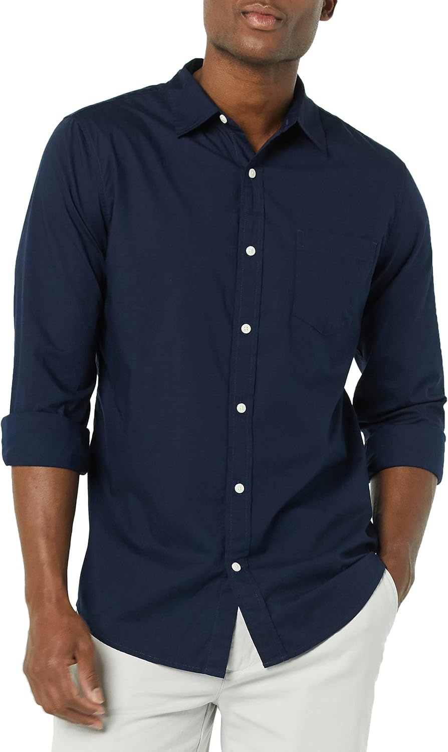 image:imageAmazon Essentials Mens LongSleeve RegularFit Stretch Poplin ShirtNavy