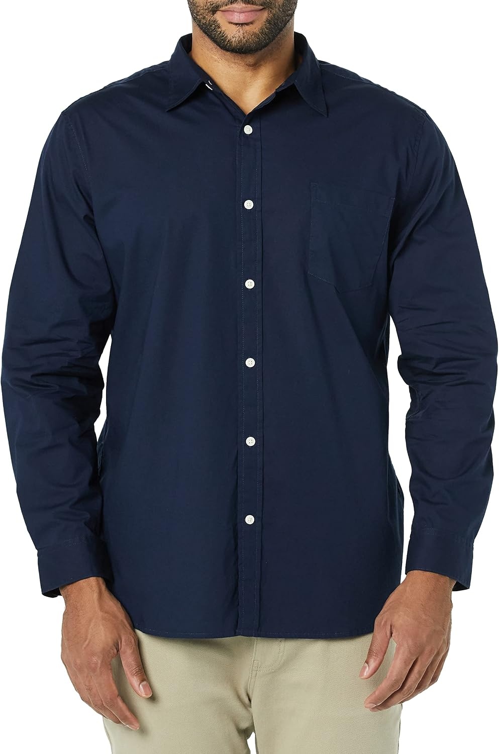image:imageAmazon Essentials Mens LongSleeve RegularFit Stretch Poplin ShirtNavy