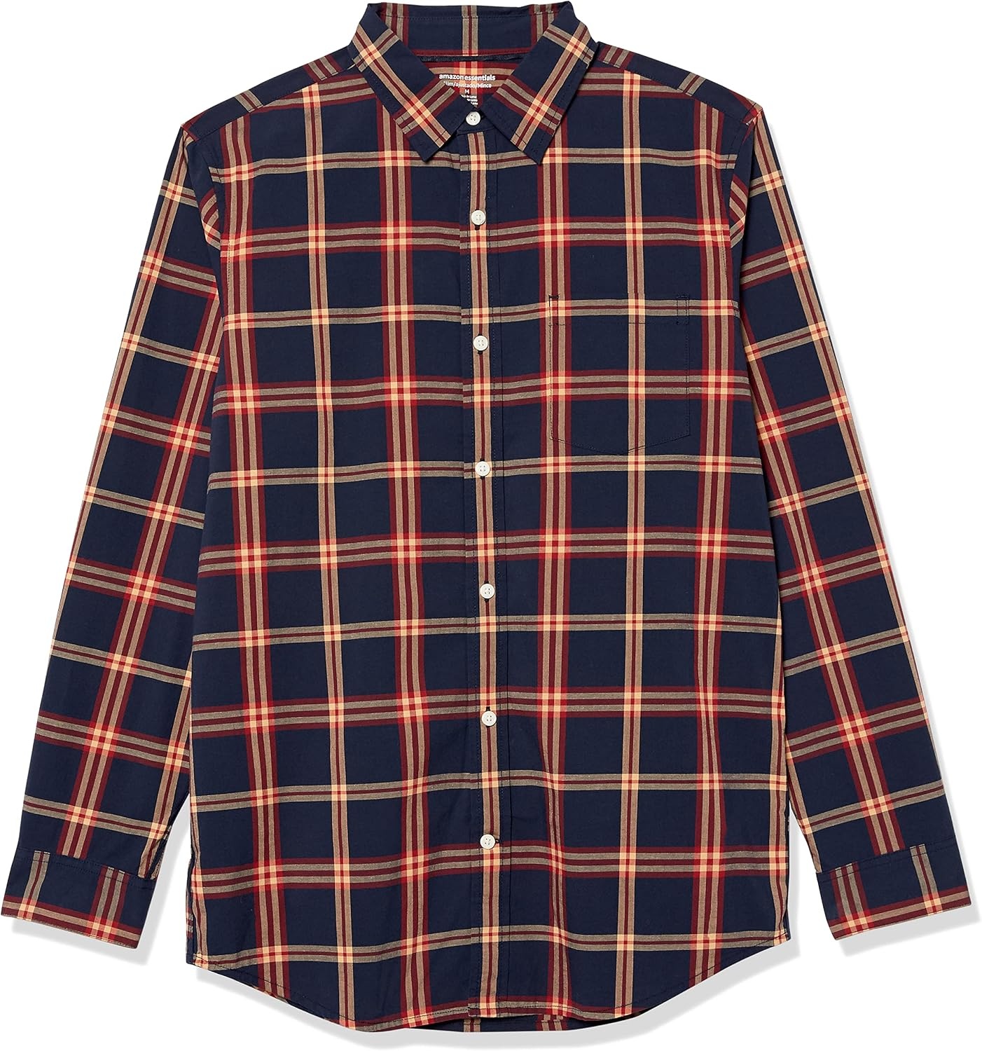 image:imageAmazon Essentials Mens LongSleeve RegularFit Stretch Poplin ShirtNavy Red Plaid