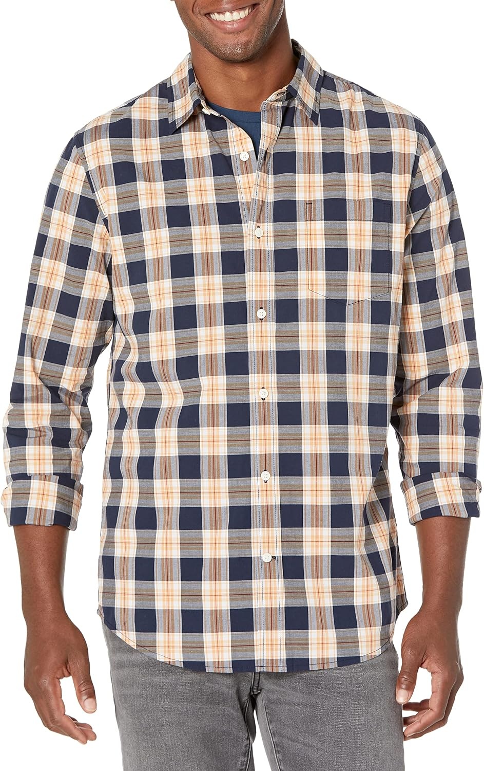 image:imageAmazon Essentials Mens LongSleeve RegularFit Stretch Poplin ShirtNavyGold Plaid