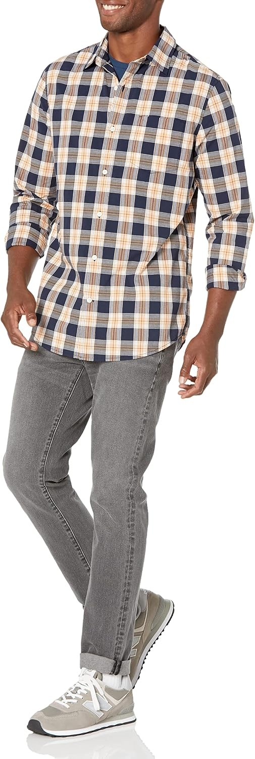 image:imageAmazon Essentials Mens LongSleeve RegularFit Stretch Poplin ShirtNavyGold Plaid