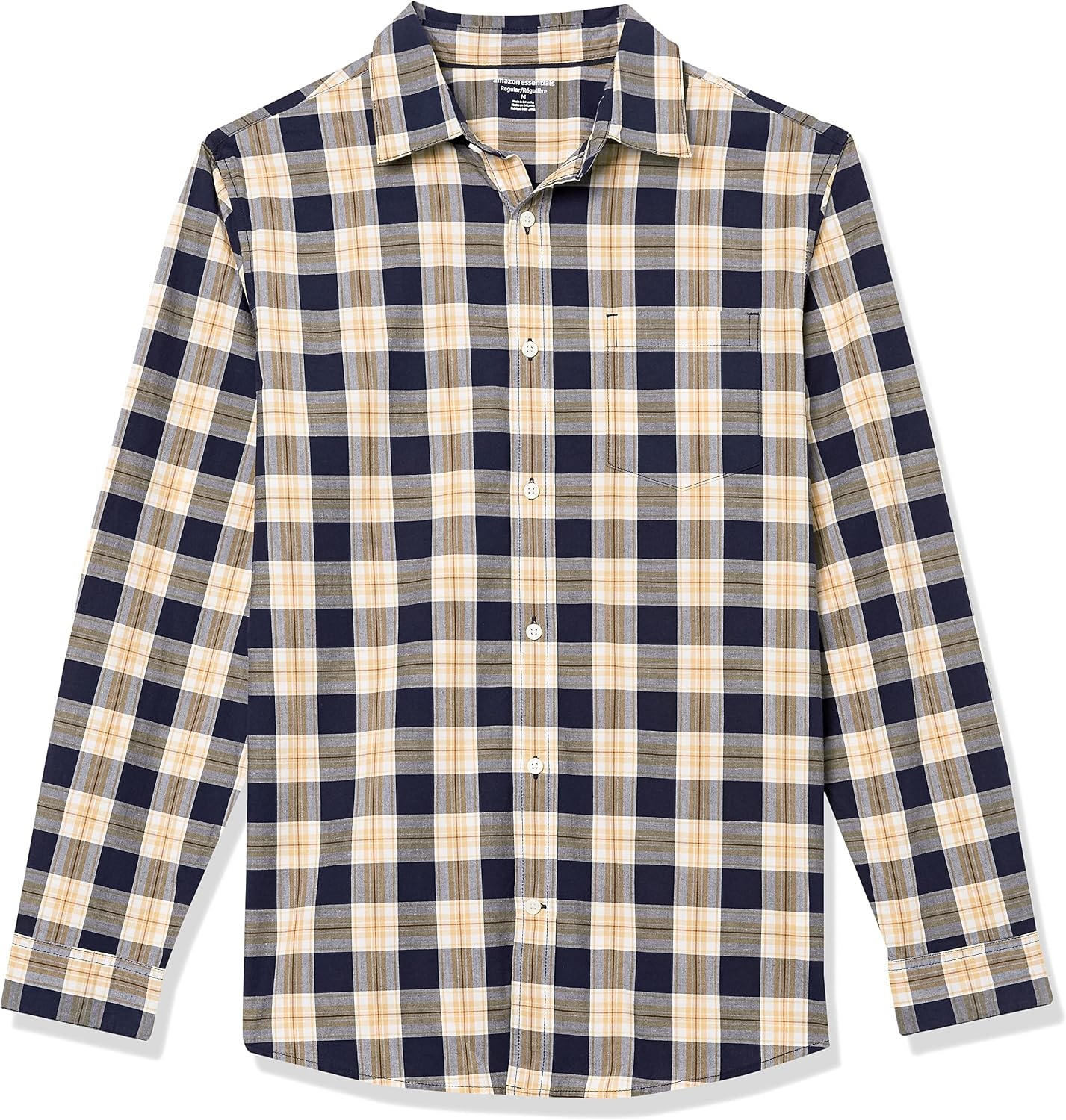 image:imageAmazon Essentials Mens LongSleeve RegularFit Stretch Poplin ShirtNavyGold Plaid