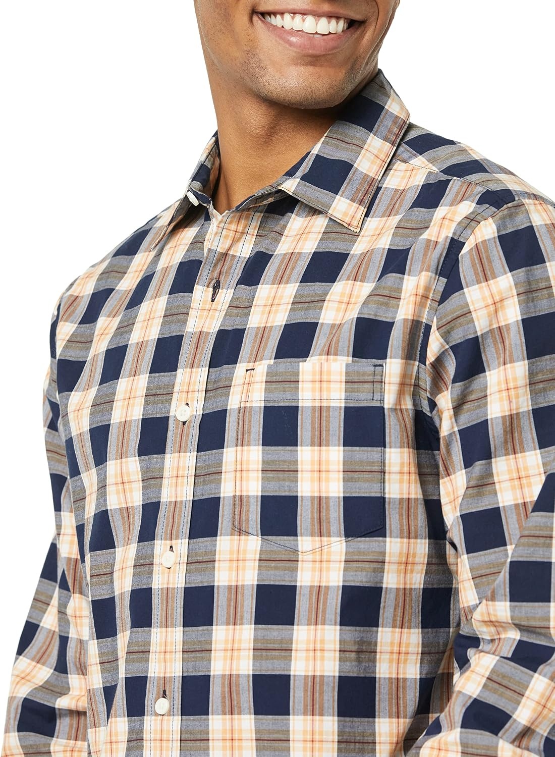 image:imageAmazon Essentials Mens LongSleeve RegularFit Stretch Poplin ShirtNavyGold Plaid