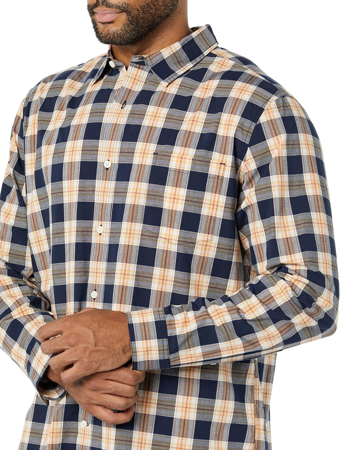 image:imageAmazon Essentials Mens LongSleeve RegularFit Stretch Poplin ShirtNavyGold Plaid