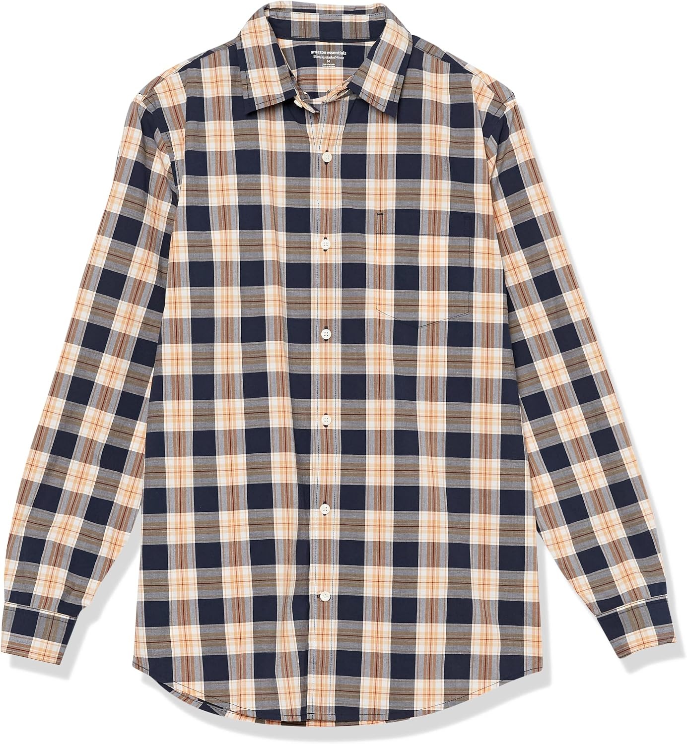 image:imageAmazon Essentials Mens LongSleeve RegularFit Stretch Poplin ShirtNavyGold Plaid