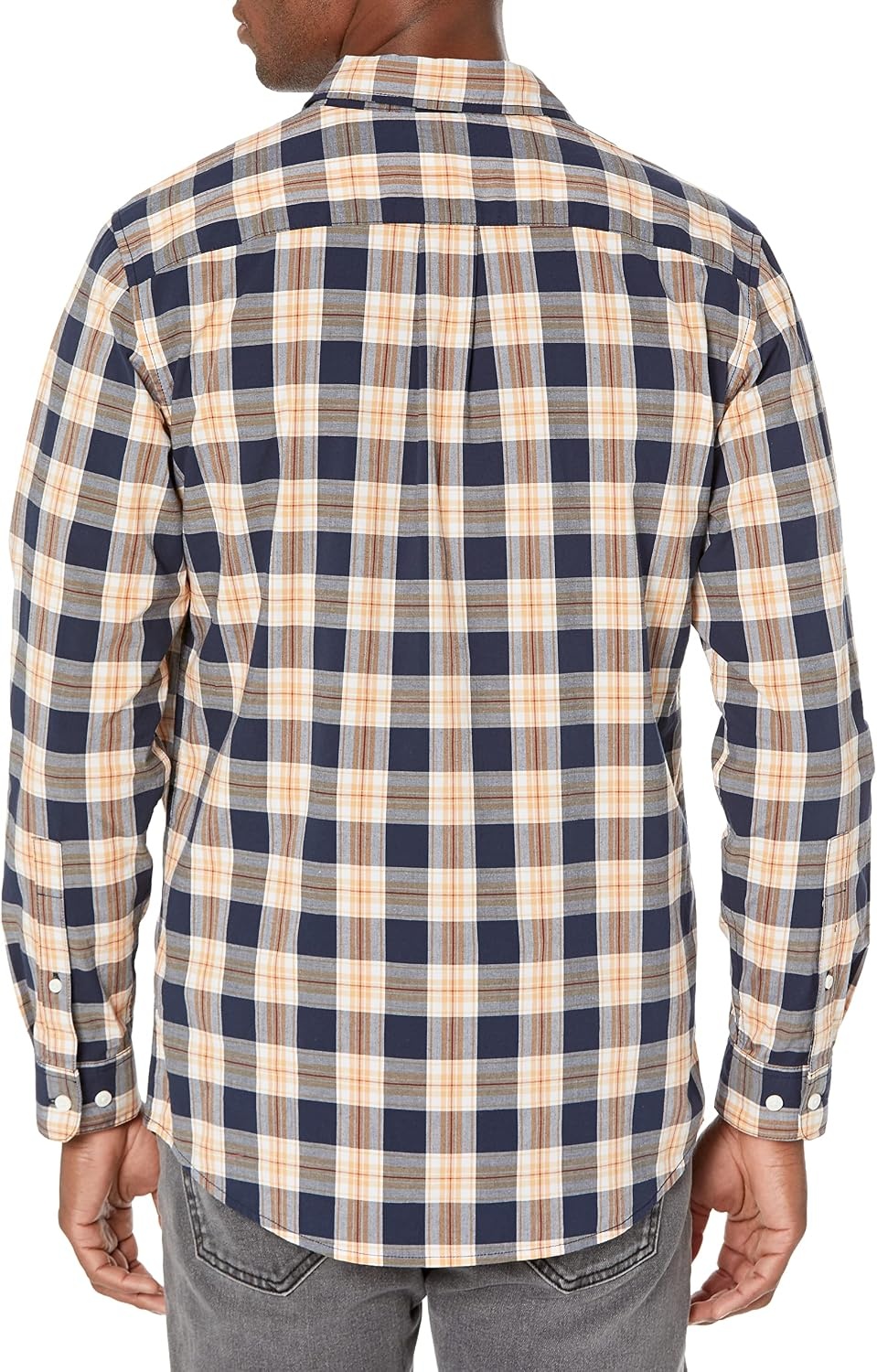 image:imageAmazon Essentials Mens LongSleeve RegularFit Stretch Poplin ShirtNavyGold Plaid