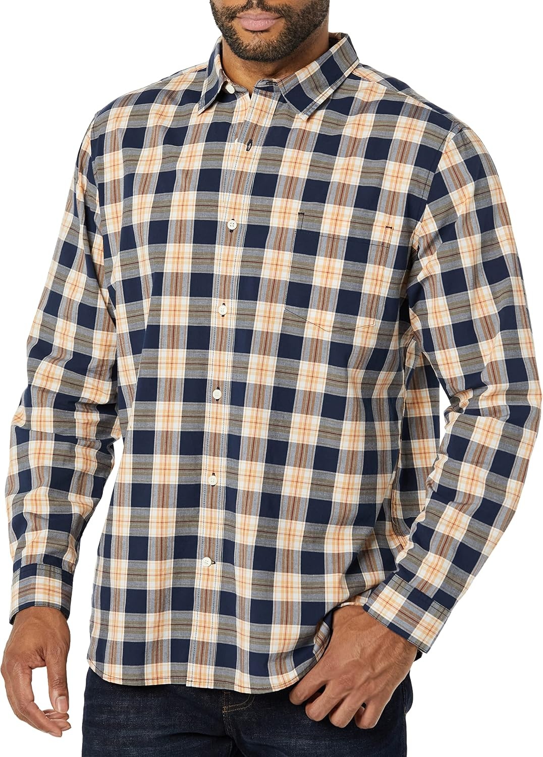 image:imageAmazon Essentials Mens LongSleeve RegularFit Stretch Poplin ShirtNavyGold Plaid