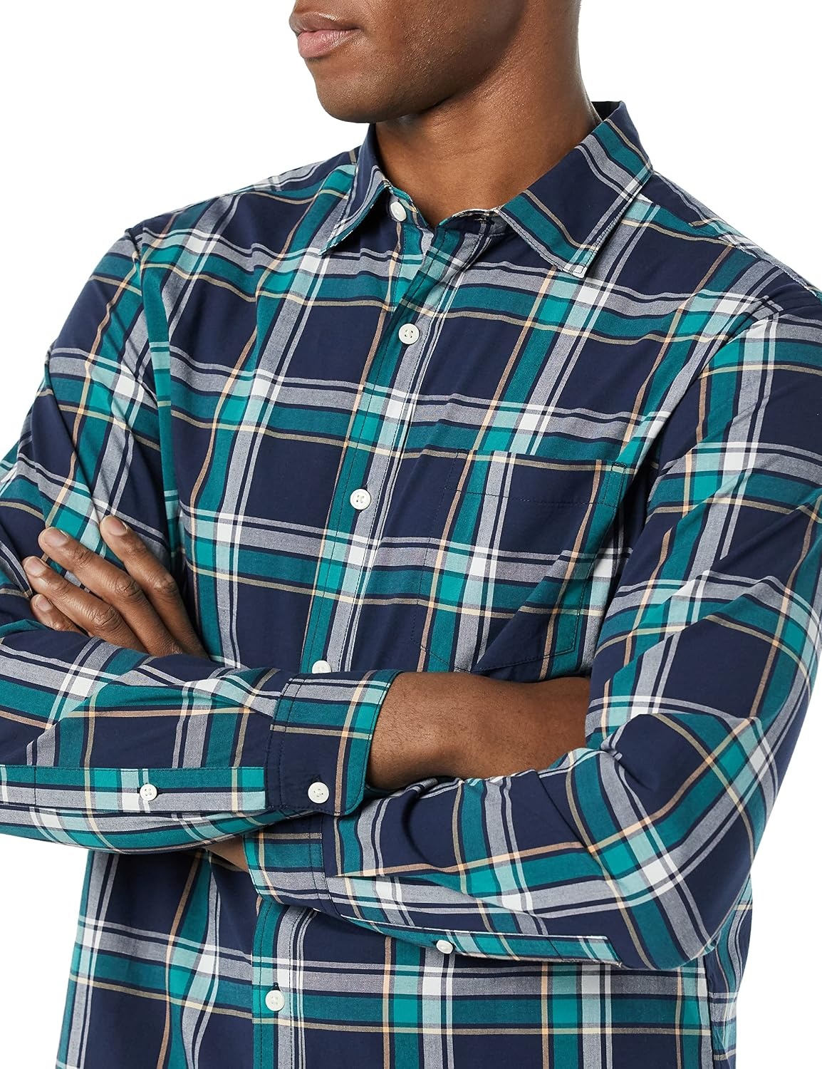 image:imageAmazon Essentials Mens LongSleeve RegularFit Stretch Poplin ShirtNavyGreen Plaid