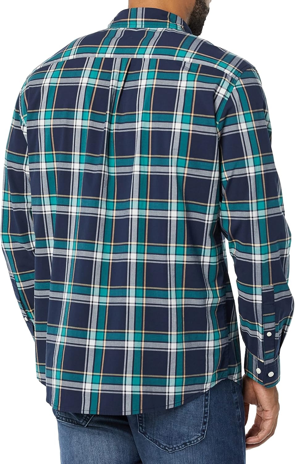 image:imageAmazon Essentials Mens LongSleeve RegularFit Stretch Poplin ShirtNavyGreen Plaid