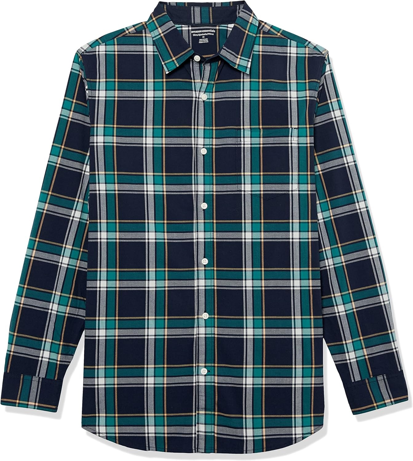 image:imageAmazon Essentials Mens LongSleeve RegularFit Stretch Poplin ShirtNavyGreen Plaid