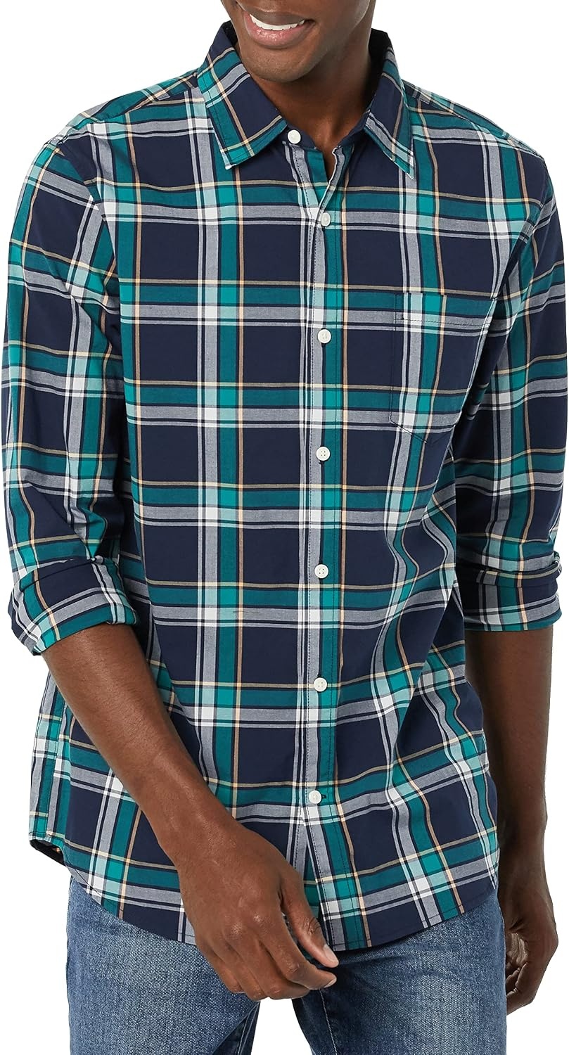 image:imageAmazon Essentials Mens LongSleeve RegularFit Stretch Poplin ShirtNavyGreen Plaid