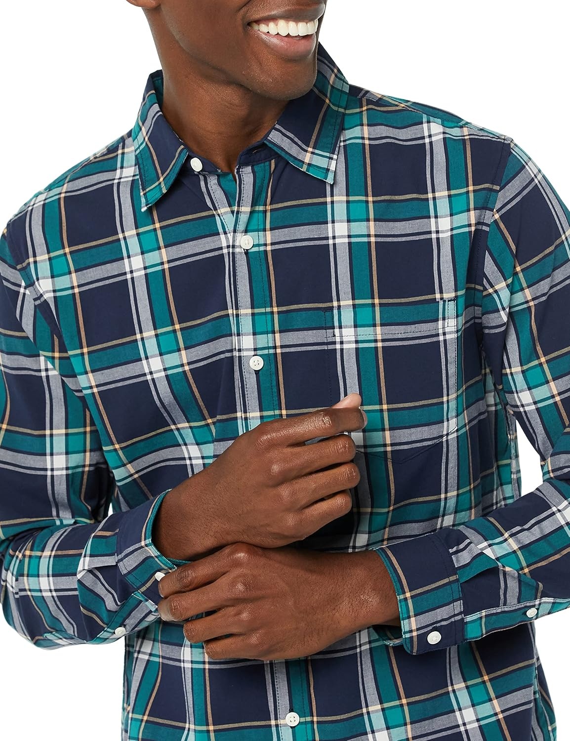 image:imageAmazon Essentials Mens LongSleeve RegularFit Stretch Poplin ShirtNavyGreen Plaid