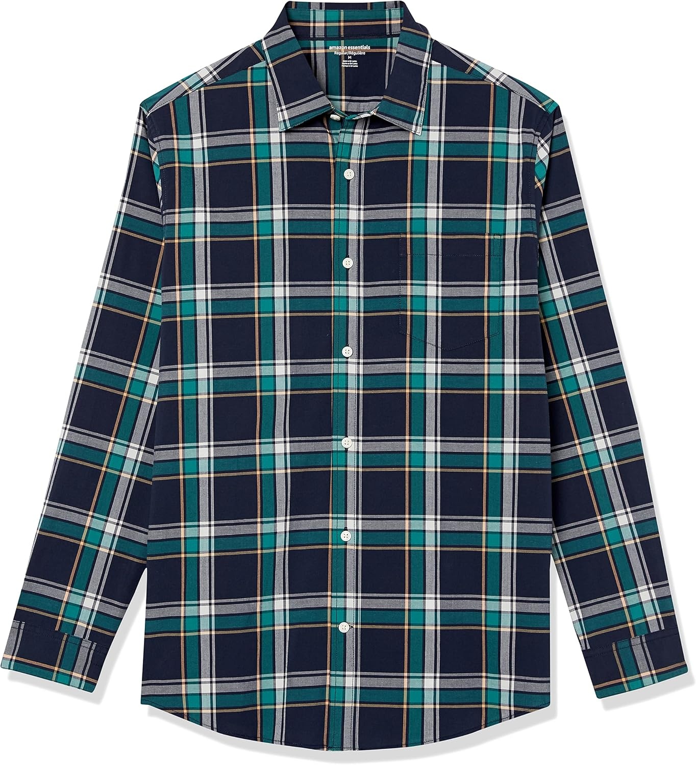 image:imageAmazon Essentials Mens LongSleeve RegularFit Stretch Poplin ShirtNavyGreen Plaid