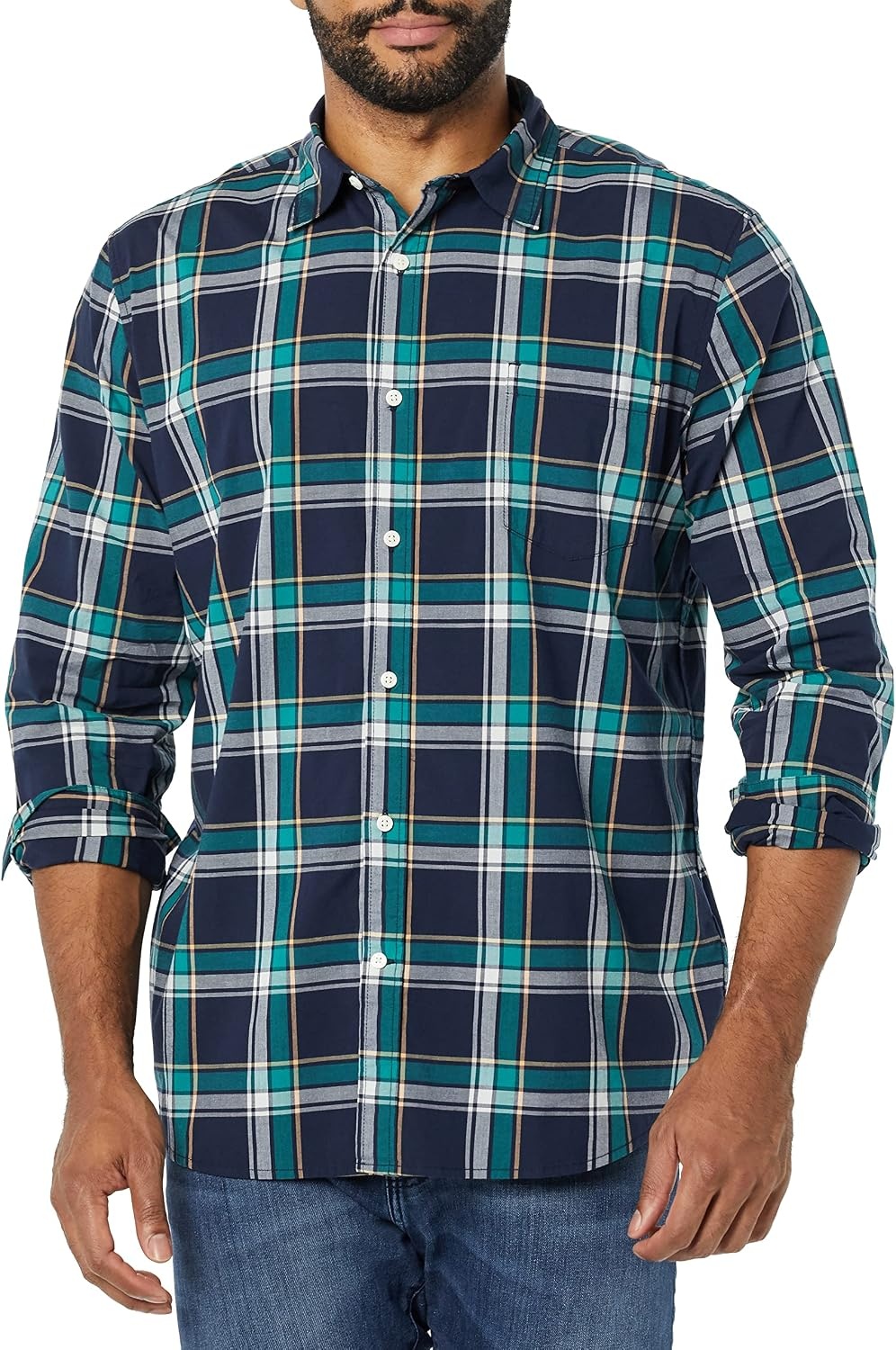 image:imageAmazon Essentials Mens LongSleeve RegularFit Stretch Poplin ShirtNavyGreen Plaid