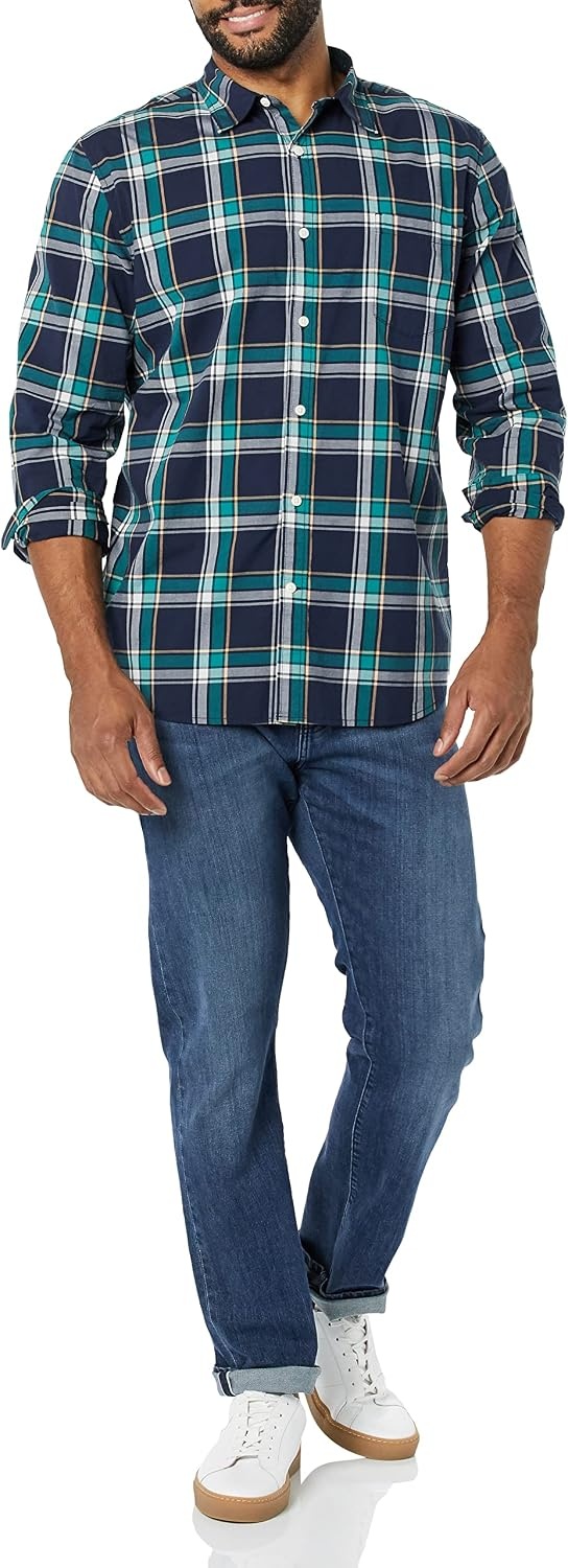 image:imageAmazon Essentials Mens LongSleeve RegularFit Stretch Poplin ShirtNavyGreen Plaid