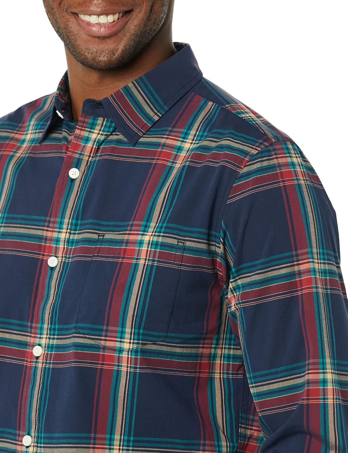 image:imageAmazon Essentials Mens LongSleeve RegularFit Stretch Poplin ShirtNavyMulticolor Plaid