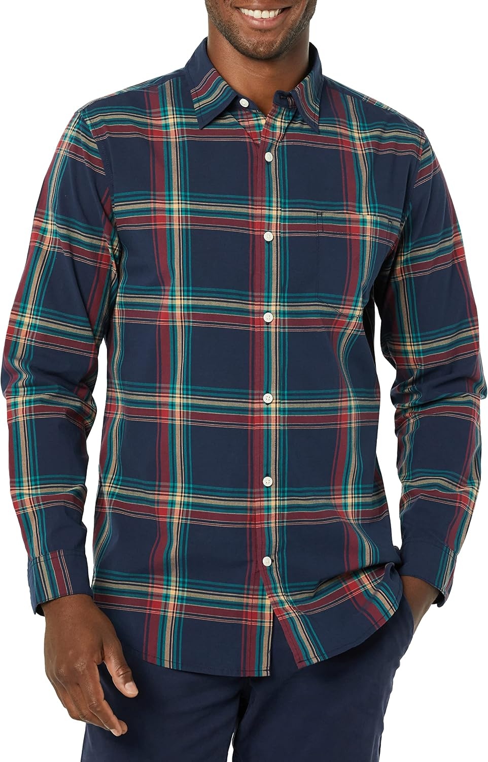 image:imageAmazon Essentials Mens LongSleeve RegularFit Stretch Poplin ShirtNavyMulticolor Plaid