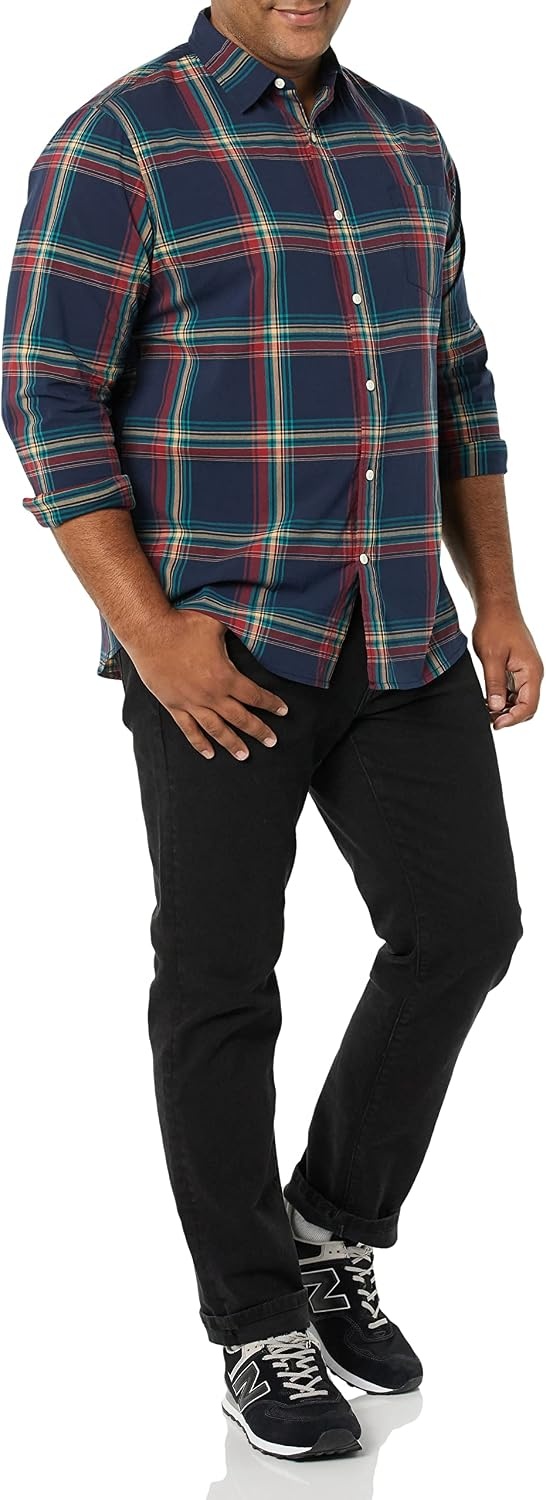 image:imageAmazon Essentials Mens LongSleeve RegularFit Stretch Poplin ShirtNavyMulticolor Plaid