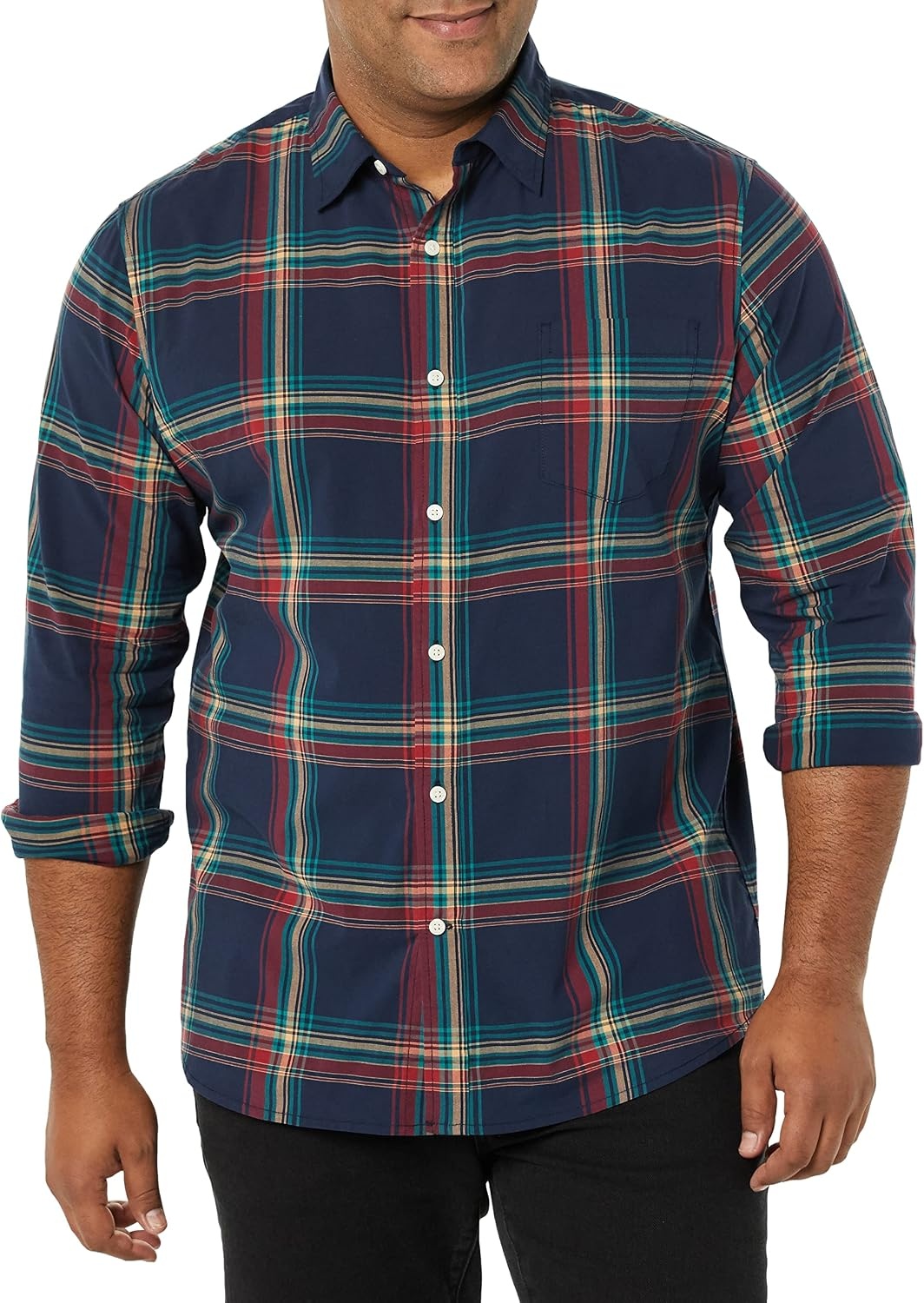 image:imageAmazon Essentials Mens LongSleeve RegularFit Stretch Poplin ShirtNavyMulticolor Plaid