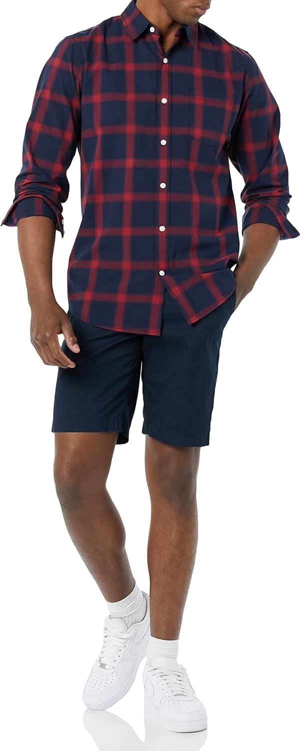 image:imageAmazon Essentials Mens LongSleeve RegularFit Stretch Poplin ShirtNavyRed Buffalo Plaid
