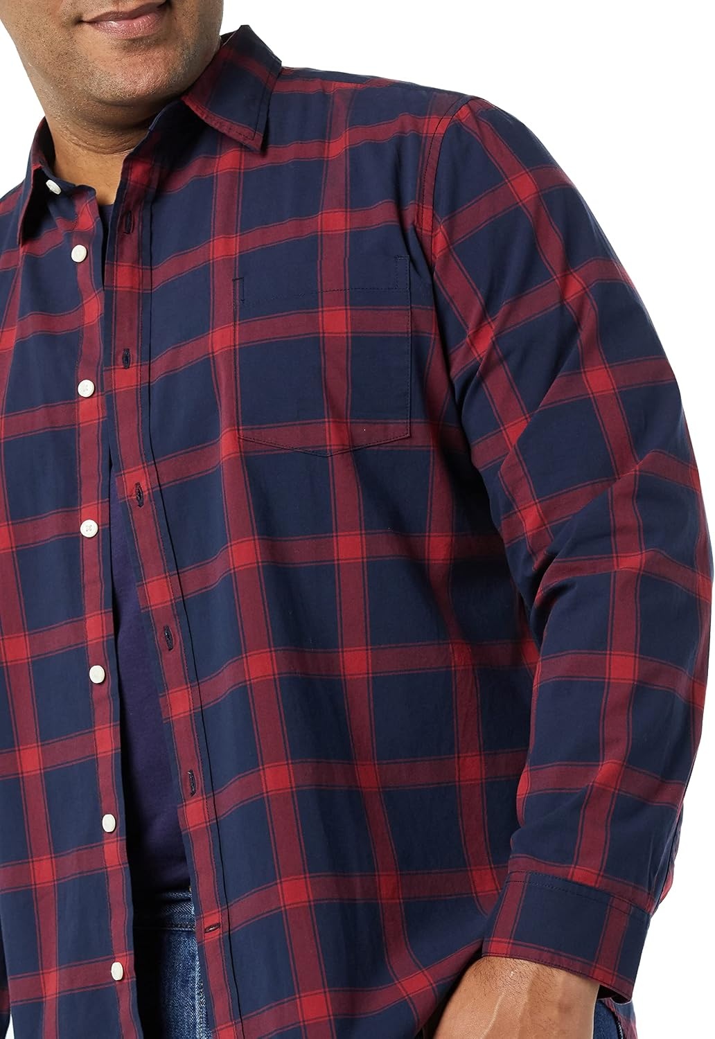 image:imageAmazon Essentials Mens LongSleeve RegularFit Stretch Poplin ShirtNavyRed Buffalo Plaid