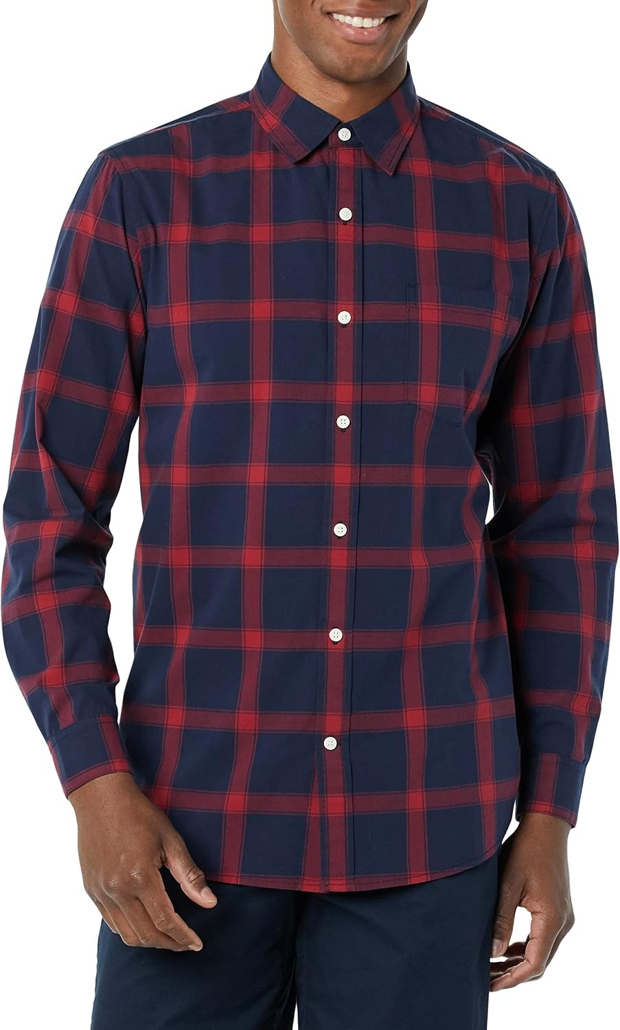 image:imageAmazon Essentials Mens LongSleeve RegularFit Stretch Poplin ShirtNavyRed Buffalo Plaid