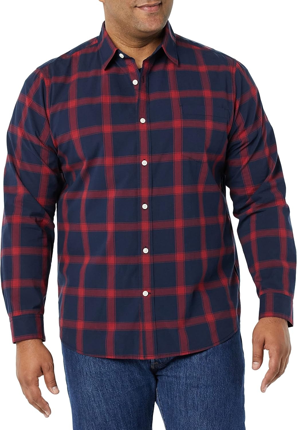 image:imageAmazon Essentials Mens LongSleeve RegularFit Stretch Poplin ShirtNavyRed Buffalo Plaid