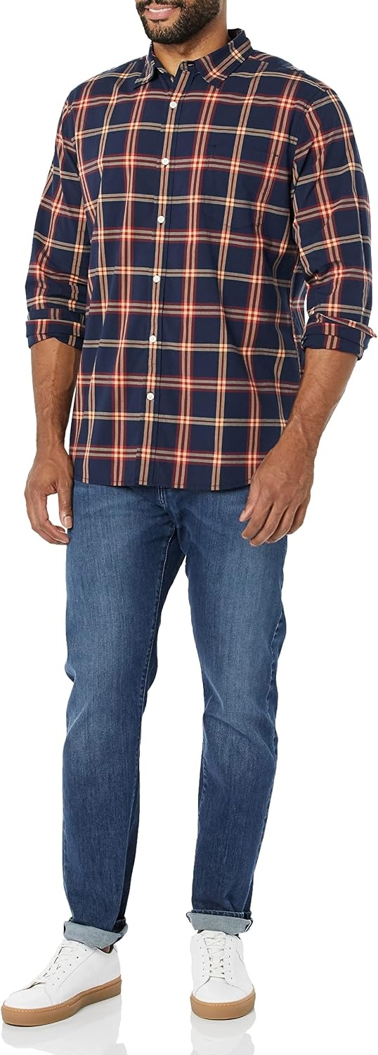 image:imageAmazon Essentials Mens LongSleeve RegularFit Stretch Poplin ShirtNavyRed Plaid