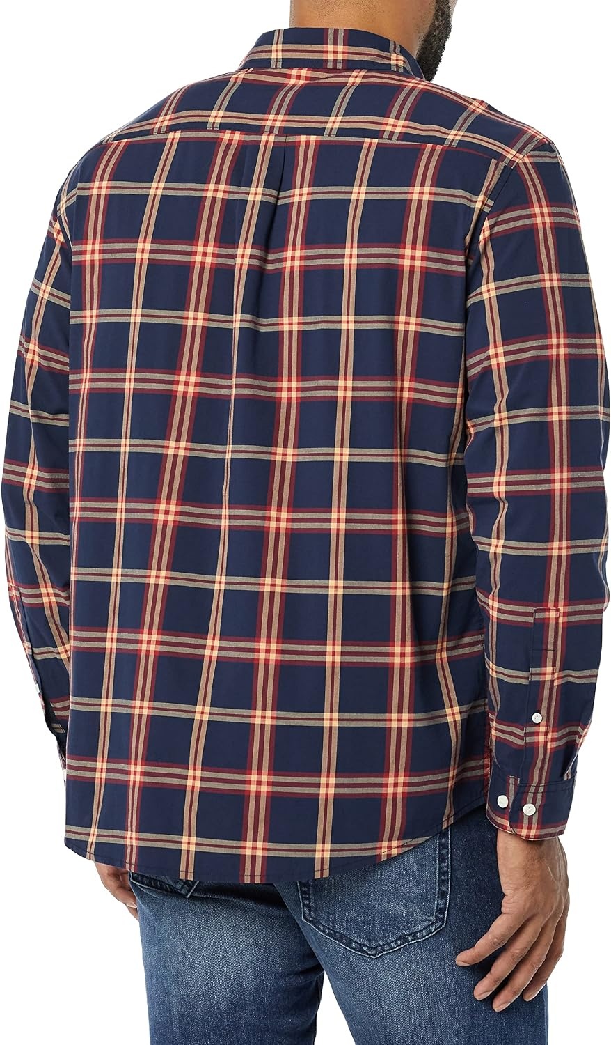 image:imageAmazon Essentials Mens LongSleeve RegularFit Stretch Poplin ShirtNavyRed Plaid