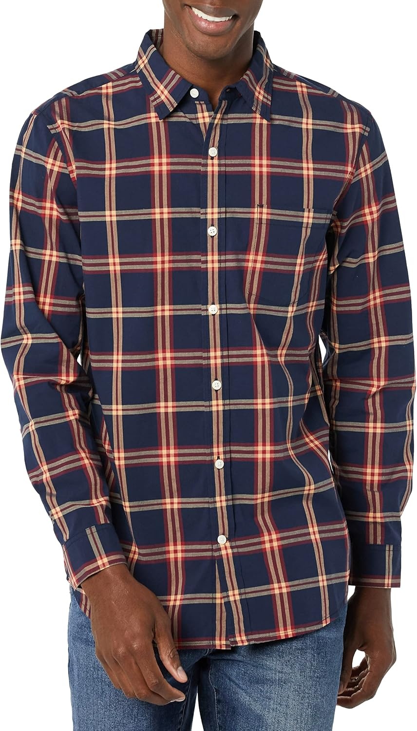 image:imageAmazon Essentials Mens LongSleeve RegularFit Stretch Poplin ShirtNavyRed Plaid