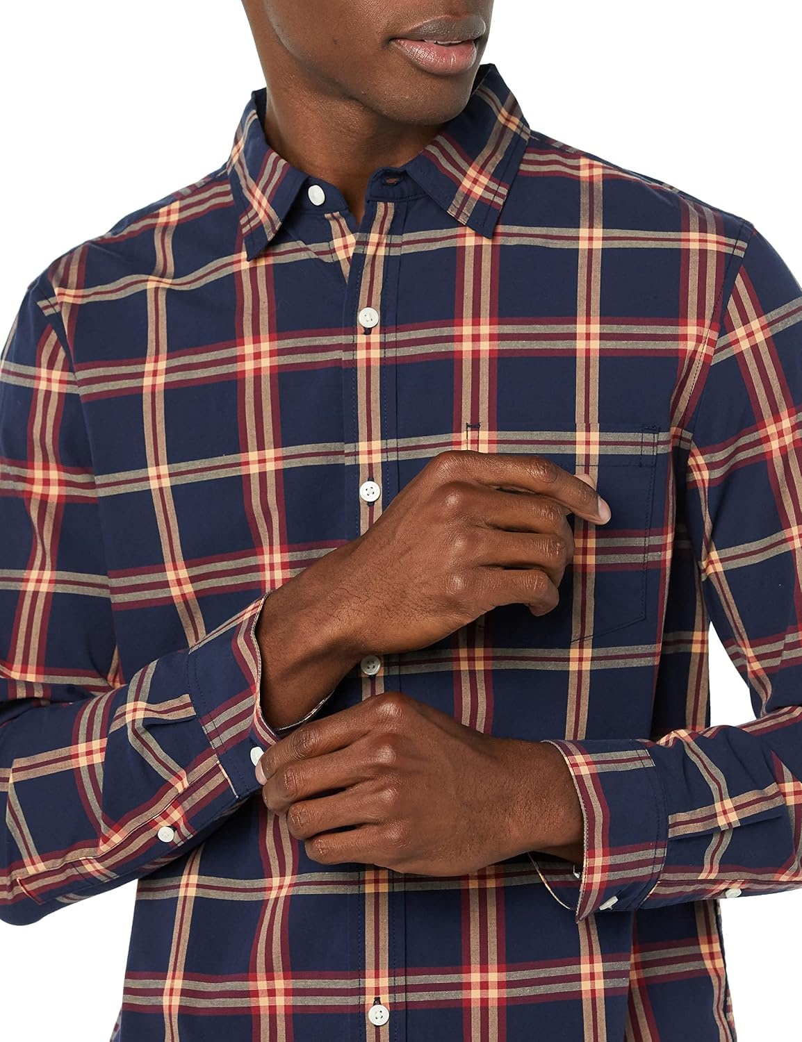 image:imageAmazon Essentials Mens LongSleeve RegularFit Stretch Poplin ShirtNavyRed Plaid