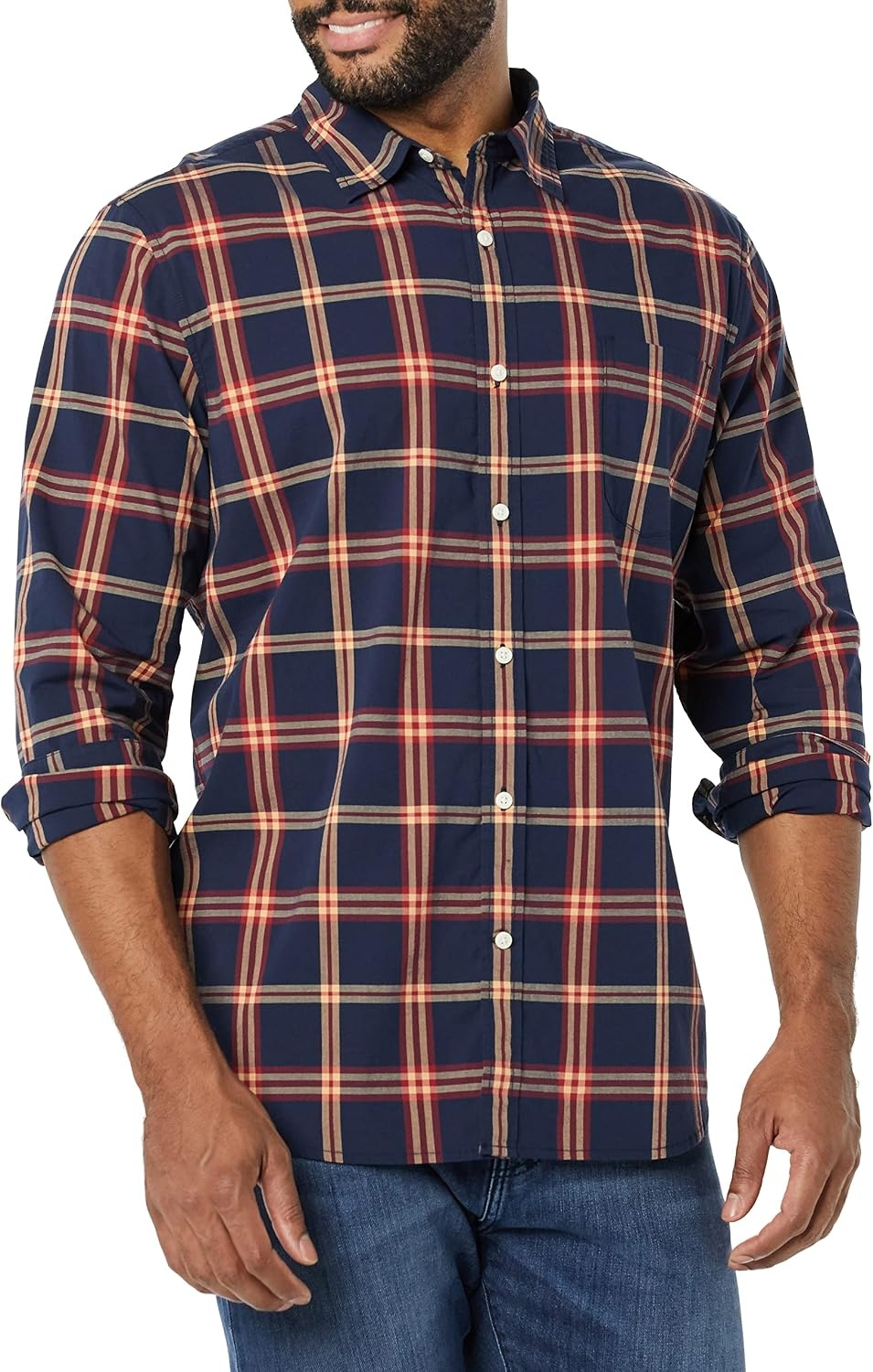 image:imageAmazon Essentials Mens LongSleeve RegularFit Stretch Poplin ShirtNavyRed Plaid