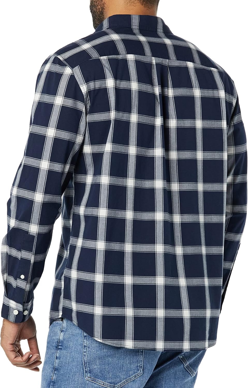 image:imageAmazon Essentials Mens LongSleeve RegularFit Stretch Poplin ShirtNavyWhite Buffalo Plaid