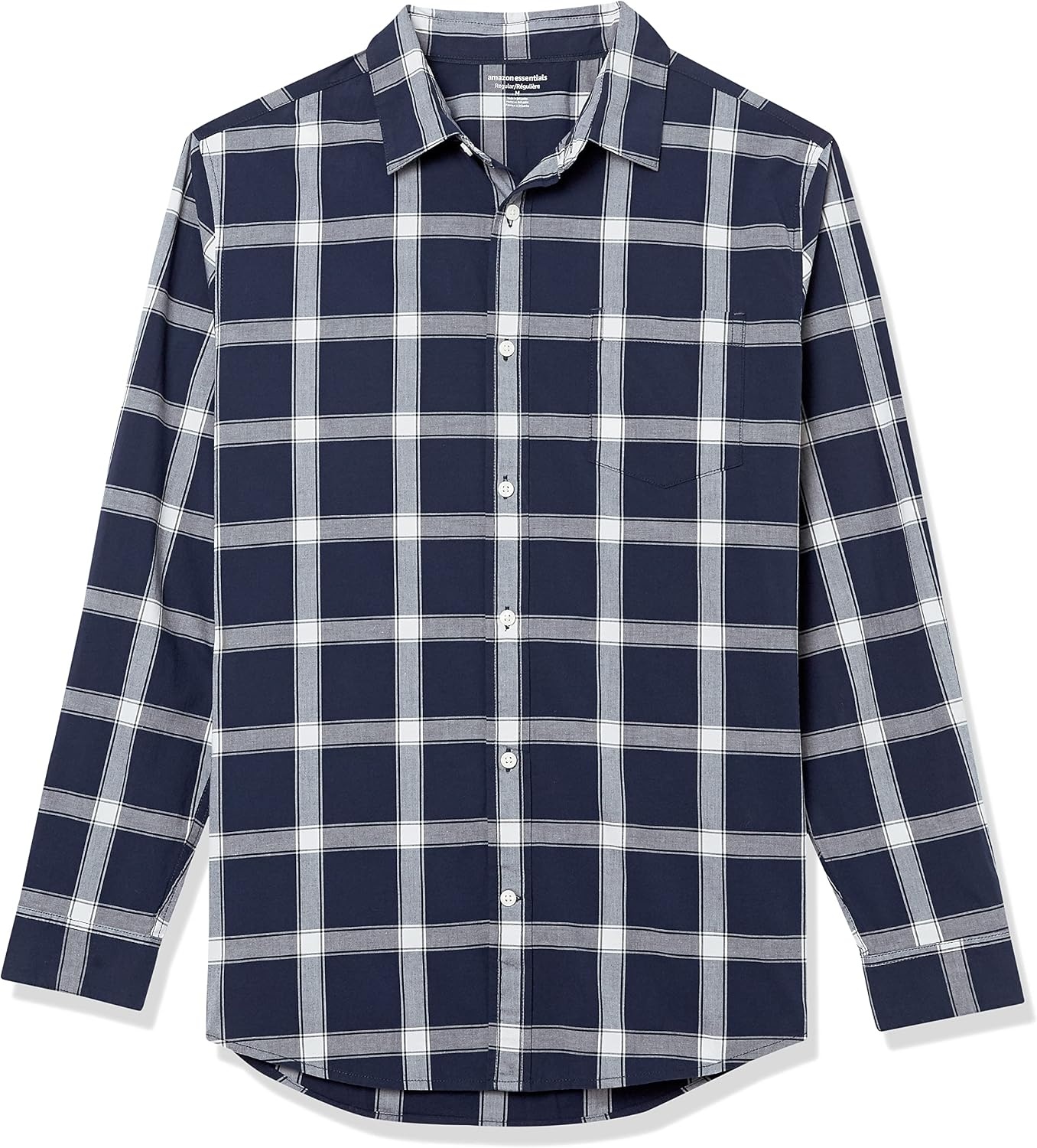 image:imageAmazon Essentials Mens LongSleeve RegularFit Stretch Poplin ShirtNavyWhite Buffalo Plaid