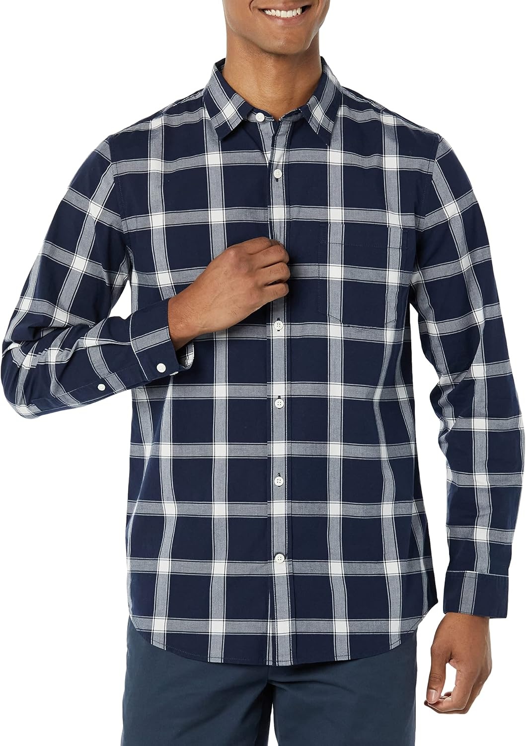 image:imageAmazon Essentials Mens LongSleeve RegularFit Stretch Poplin ShirtNavyWhite Buffalo Plaid