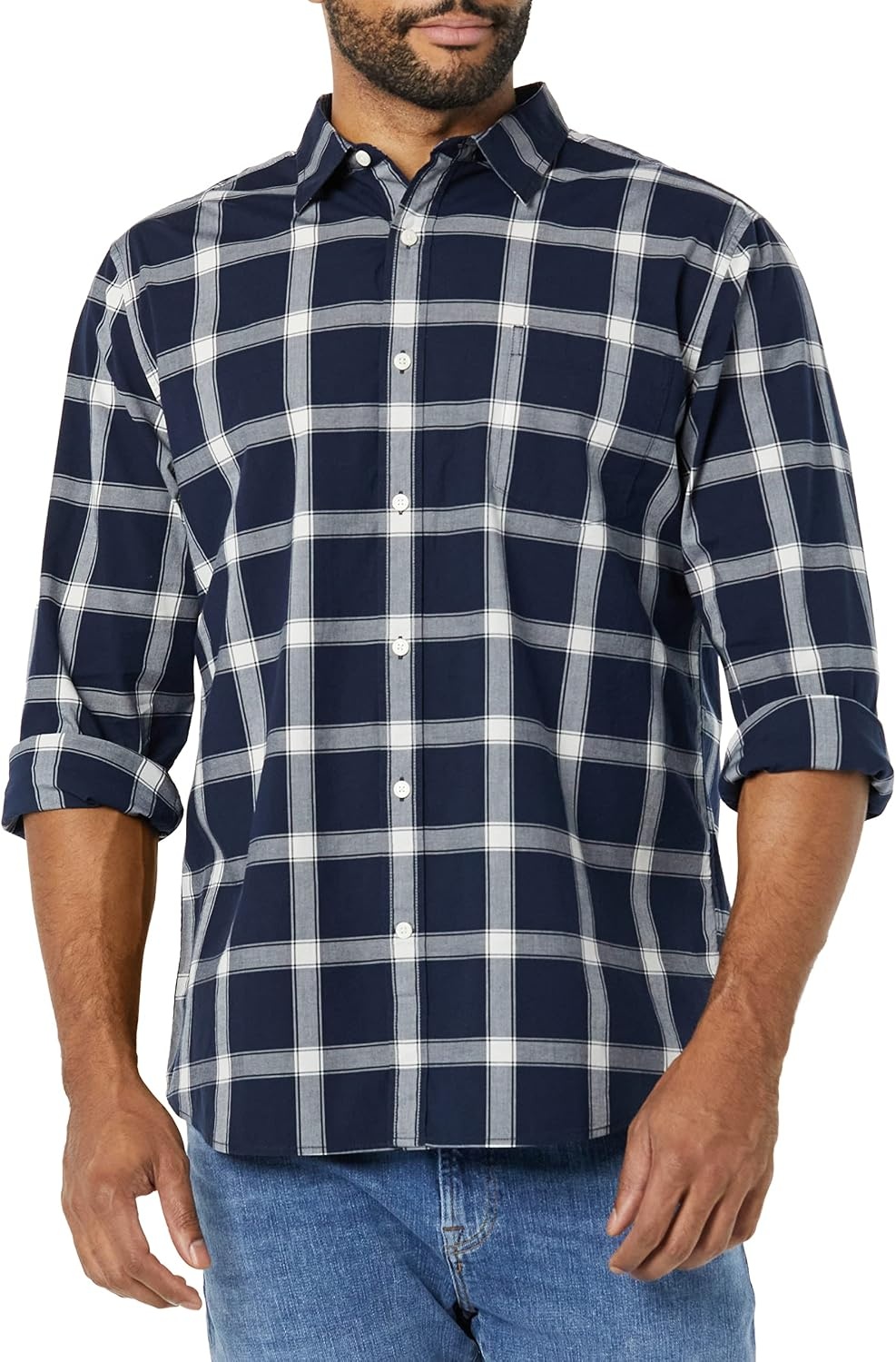 image:imageAmazon Essentials Mens LongSleeve RegularFit Stretch Poplin ShirtNavyWhite Buffalo Plaid